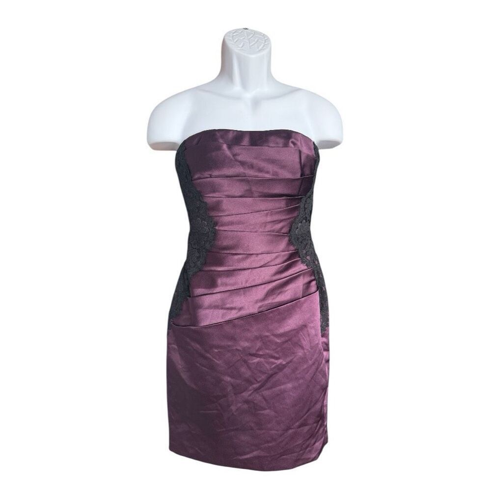 NWT Womens David’s Bridal Strapless Sleeveless Plum Lace Satin Formal Dress - 2